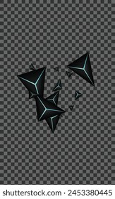Jet Black Triangle Background Transparent Vector. Blue Neon Crystal Light. Prism Paper Card. Dark Elegant Illustration.