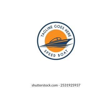 Projeto do logotipo do barco a jato. Silhueta minimalista simples de lancha Jetboat barco a motor, ou barco com motor com água mar oceano onda logotipo design