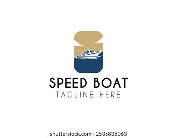 Projeto do logotipo do barco a jato. Silhueta minimalista simples de lancha Jetboat barco a motor, ou barco com motor com água mar oceano onda logotipo vetor ilustração