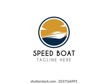 Projeto do logotipo do barco a jato. Silhueta minimalista simples de lancha Jetboat barco a motor, ou barco com motor com água mar oceano onda logotipo vetor ilustração design