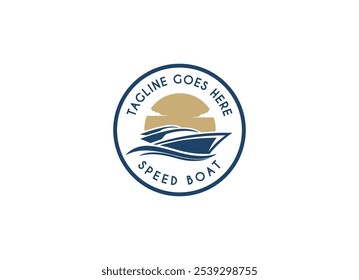 Projeto do logotipo do barco a jato. Silhueta minimalista simples de lancha Jetboat barco a motor, ou barco com motor com água mar oceano onda logotipo design vetor ilustração