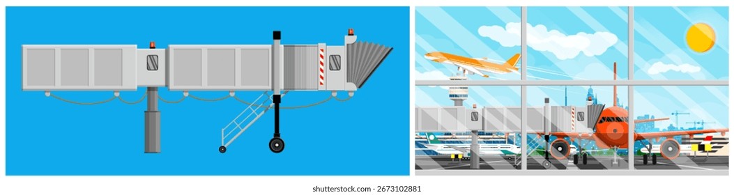 Ponte de jato conectada ao avião pronta para embarque. Terminal aeroportuário com aeronave decolando. Ilustração de vetor de estilo plano para viagem.