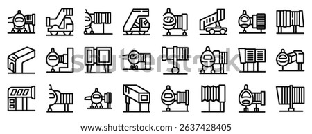 Jet bridge icons set. Airport ground support equipment and infrastructure ensuring smooth passenger boarding, cargo handling, and aircraft maintenance
