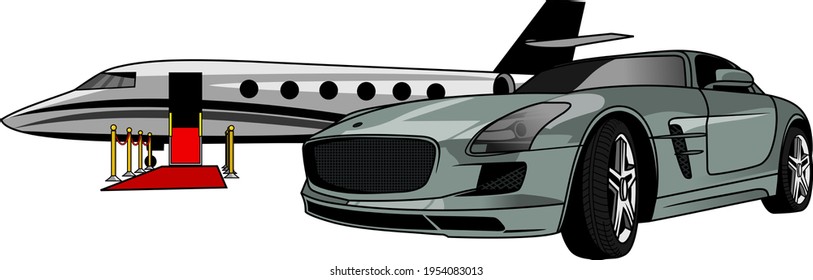 jet and car private vehicle vector cartoon illustration