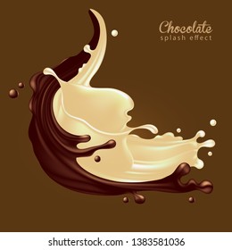 A jet of chocolate and white milk merge with the splash effect.   3D vector. High detailed realistic illustration