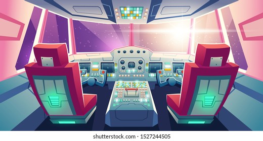 Jet cockpit, empty airplane cabin interior with seats for pilots, flight deck dashboard with navigation monitors, control panel and sky view in windows. Futuristic airliner Cartoon vector illustration