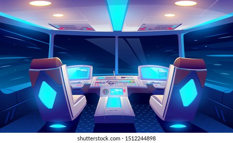 Jet cockpit at night, empty airplane cabin interior with seats for pilots, neon glowing flight deck with navigation monitors, control panel and starry sky view in windows. Cartoon vector illustration