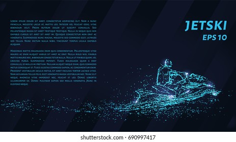 Jet is composed of pixels. Particles in the form of a jetski on a dark background. Vector illustration