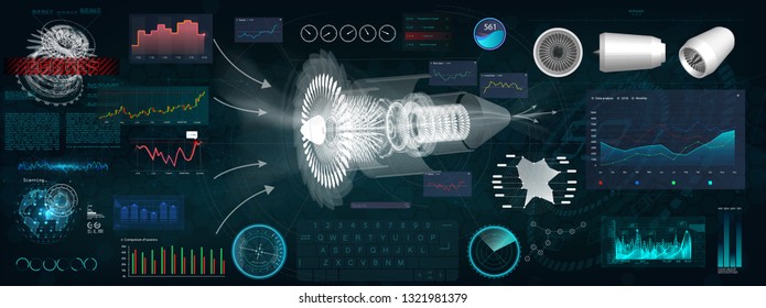 Jet Engine 3D isometric of Airplane in HUD style. Outline Style and Modern Interface Elements ( Dashboards Airplane, Scanning Jet engine and Mechanism) Industrial Blueprint. HUD Future Engineering