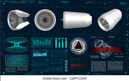 Jet Engine 3d. Scanning in HUD Style. Vector Drawing With Circles and Geometric Parts of The Mechanisms. Engineering in HUD Style Jet Engine in HUD Style. Industrial Aerospase Blueprint. 3d models