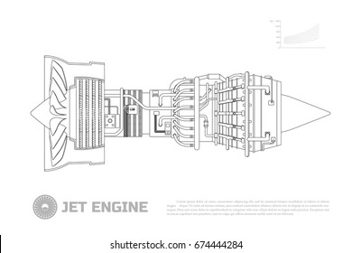 Jet engine of aircraft. Part of the airplane. Side view. Aerospase industrial drawing. Outline image. Vector illustration