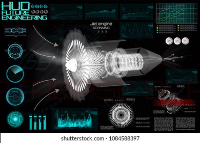 Jet Engine Airplane in HUD style  Outline Style   Modern Interface Elements ( Dashboards Airplane  Scanning Jet engine   Mechanism) Industrial Blueprint  Set elements HUD  Future Engineering