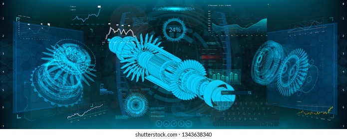 Jet Engine Of Airplane In HUD UI Style. Industrial Aerospase Blueprint. Vector Illustration Of Future Engineering With Infographics And Jet Engine Statistics With Parts Of Mechanisms. HUD UI Style