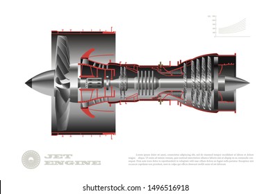 Jet engine of airplane. Industrial aerospase blueprint. 3d drawing of plane motor. Part of aircraft. Side view. Vector illustration
