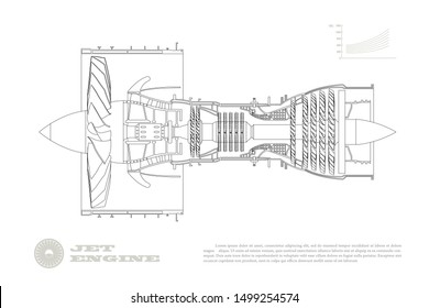 Jet Engine Of Airplane In Outline Style. Industrial Aerospase Blueprint. Drawing Of Plane Motor. Part Of Aircraft. Isolated Image. Side View. Vector Illustration