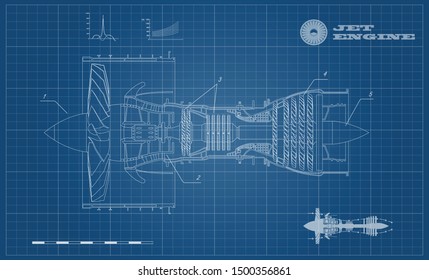 Jet engine airplane in outline style  Industrial aerospase blueprint  Drawing plane motor  Part aircraft  Side view  Vector illustration