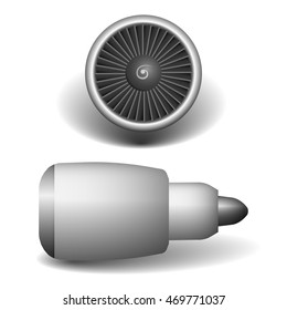 Jet engine front and side view realistic vector illustration. Airplane aircraft jet engine.
