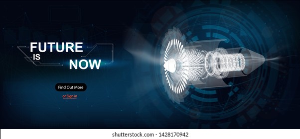 Jet engine, gear wheel mechanism background. Engineering drawing abstract industrial illustration. Vector futuristic background with 3d isometric jet engine. Sky-fi technology, turbine background