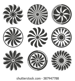 jet engine icons set, turbine icons, aircraft engine power, blade icons, fan icons