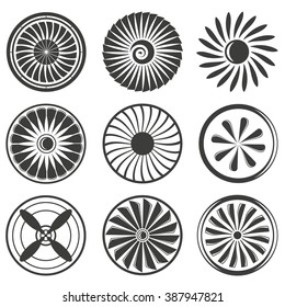 jet engine icons set, turbine icons, aircraft engine power, blade icons, fan icons