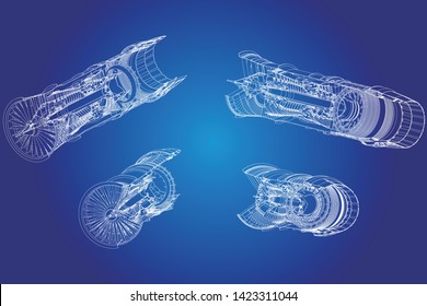 Jet engine isometrics. Vector line illustration.