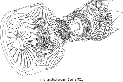 Jet engine isometrics. Vector line illustration.