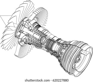 Jet engine isometrics  Vector line illustration 