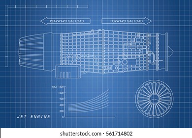 Jet Engine In A Outline Style. Industrial Vector Blueprint. Part Of The Aircraft. Side View. Vector Illustration