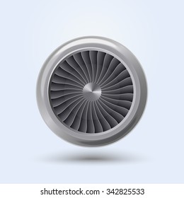 Jet Engine Realistic Front View, Aircraft Turbine Energy Fan. Vector