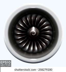 Jet engine. Realistic vector frontal view of jet turbine blades with advanced metallic effects.