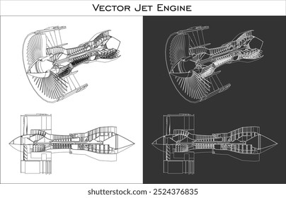 Planos técnicos de dibujo de línea de Jet Engine. Vector turbo aislado en fondo transparente