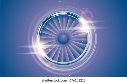 Jet Engine Turbine Chrome Ring In Retro Violet Blue Color Style With Lens Flare Light Effect. Detailed Airplane Motor Front View. Vector Aircraft Turbo Fan Of Plane, Machinery Power Icon Symbol