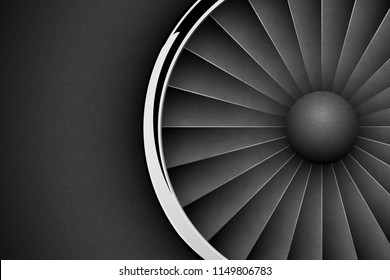 Jet Engine Turbine dark horizontal background. Detailed Airplane Motor with chrome metal ring Front View. Vector illustration aircraft turbo Fan of plane, machinery power