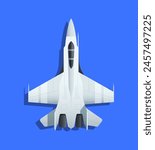 Jet fighter aircraft, flat style. Concept of military aviation. Vector illustration isolated on a blue background