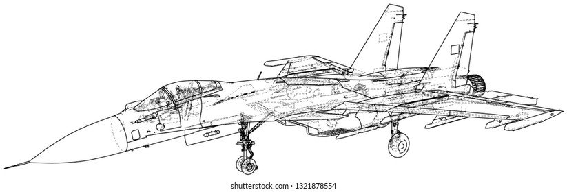 Jet fighter aircraft. Vector wire-frame concept. Created illustration of 3d