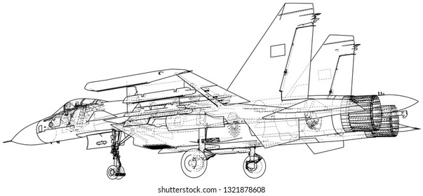 Jet fighter aircraft. Vector wire-frame concept. Created illustration of 3d