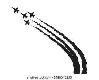 jet fighter airplane flying formation smoke line black isolated white background