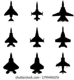 Jet Fighter Airplane Silhouette Icon Set Black Color