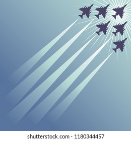 Jet Fighter Formation. Vector Illustration Of Jet Fighters Flying In Formation.