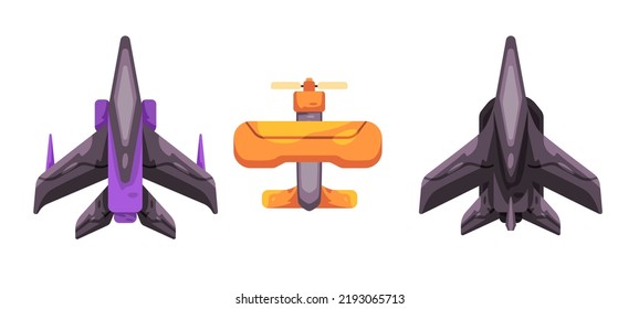 Jet fighter and front propeller airplane aircraft top view in colorful graphic game asset collection