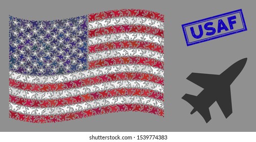 Jet fighter items are combined into USA flag mosaic with blue rectangle rubber stamp watermark of USAF text. Vector composition of American waving state flag is designed of jet fighter items.