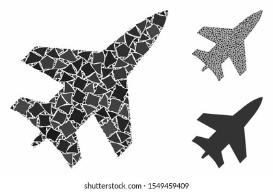 Jet fighter mosaic of inequal items in different sizes and color hues, based on jet fighter icon. Vector trembly items are composed into mosaic. Jet fighter icons collage with dotted pattern.