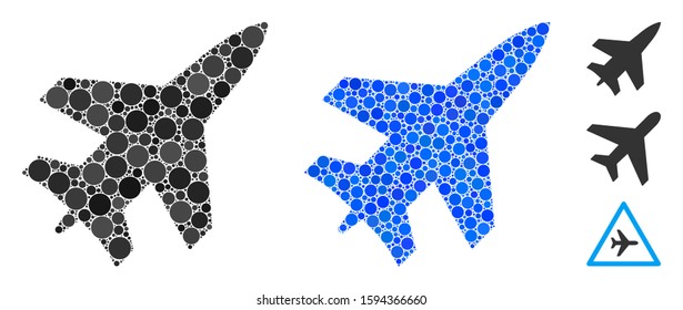 Jet fighter mosaic of spheric dots in variable sizes and color tones, based on jet fighter icon. Vector round dots are composed into blue mosaic. Dotted jet fighter icon in usual and blue versions.