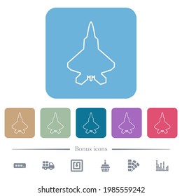 Jet fighter outline white flat icons on color rounded square backgrounds. 6 bonus icons included