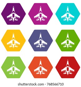 Jet fighter plane icon set many color hexahedron isolated on white vector illustration