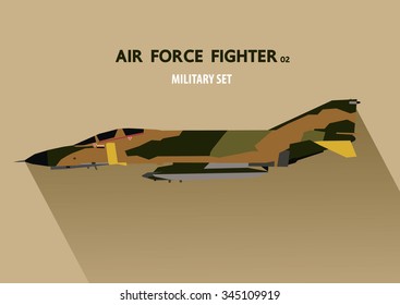 Jet fighter plane in side view, military vector illustration, flat design.