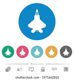 Jet fighter silhouette flat white icons on round color backgrounds. 6 bonus icons included.