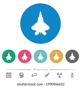 Jet fighter silhouette flat white icons on round color backgrounds. 6 bonus icons included.