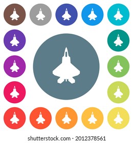 Jet fighter silhouette flat white icons on round color backgrounds. 17 background color variations are included.