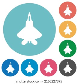Jet fighter silhouette flat white icons on round color backgrounds